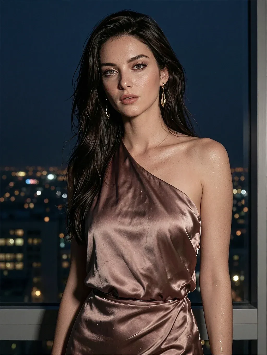 Fictional AI character in a one-shoulder satin dress with a city night view behind her