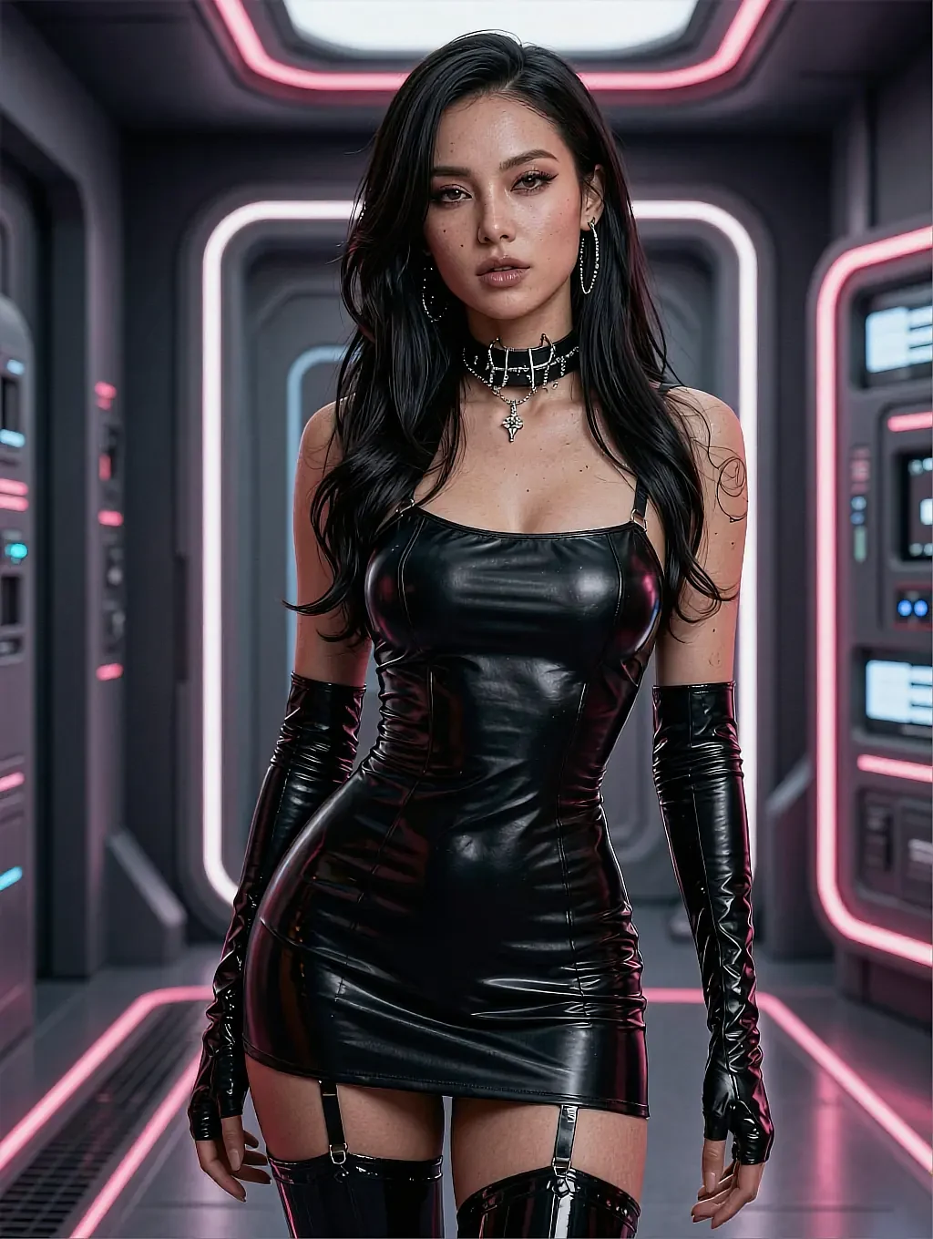 Fictional AI character in a black latex dress and long gloves in a neon corridor