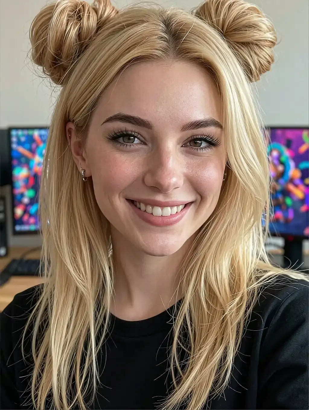 Fictional AI character in a black lace top against a dark background